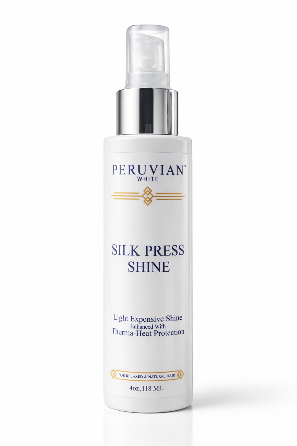 Peruvian White Silk Press bottle emphasizes heat protection and shine