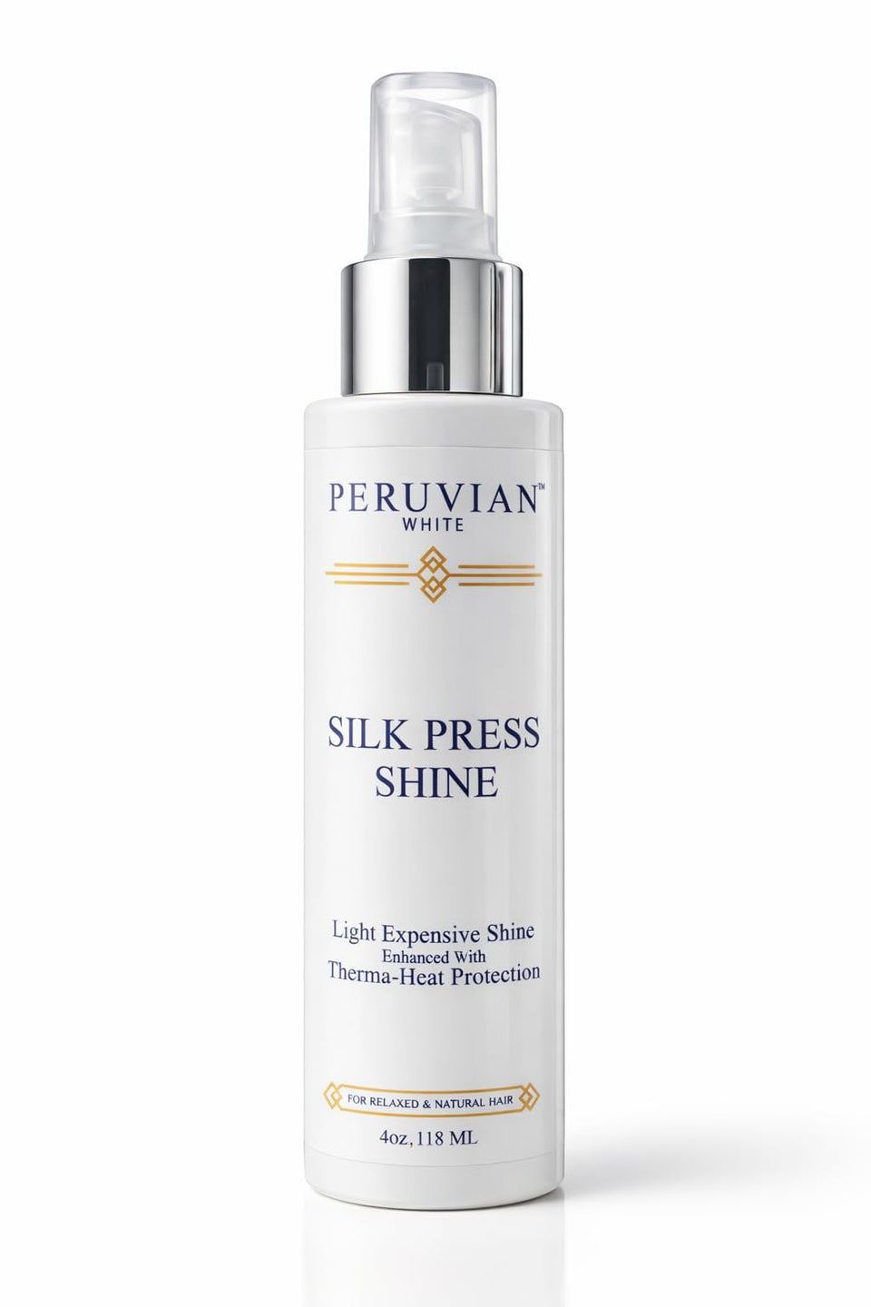 Peruvian White Silk Press bottle emphasizes heat protection and shine