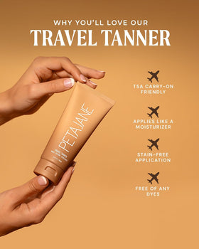 Peta Jane Travel Tanner three-in-one formula demonstrates base, extend, and boost results.