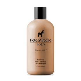 Pete & Pedro Bold Bourbon Shampoo bottle highlighting daily-use care for all hair types.
