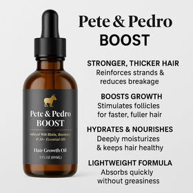 Pete & Pedro BOOST bottle on wooden shelf suggests premium packaging.