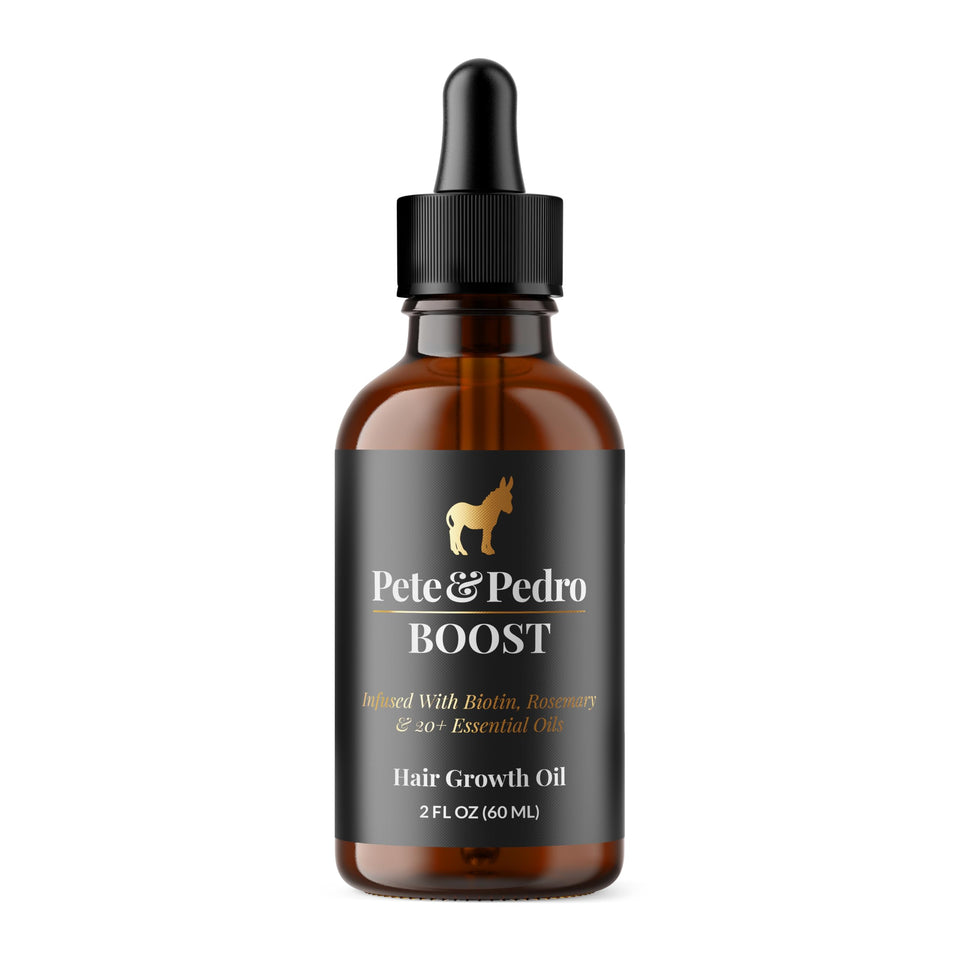 Pete & Pedro BOOST hair serum bottle nourishes the scalp for healthier-looking hair.