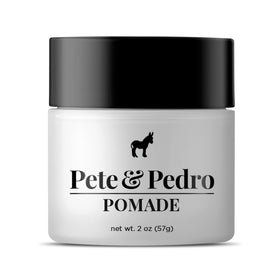 Pete & Pedro Hair Pomade jar front highlights medium hold and high shine for all-day style.