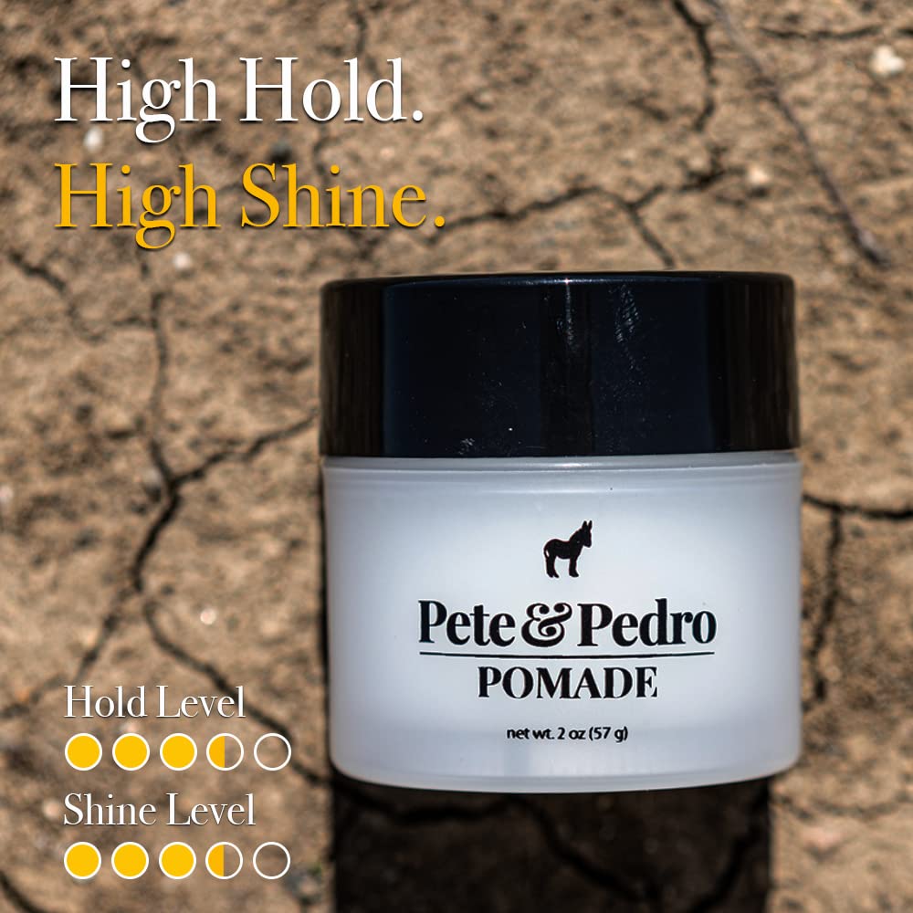 Pete & Pedro Hair Pomade packaging highlights paraben-free, water-soluble formula for quick washing.