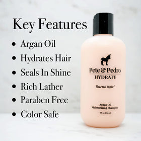 Pete & Pedro Hydrate argan oil ingredient close-up suggests nourished shine and softness.