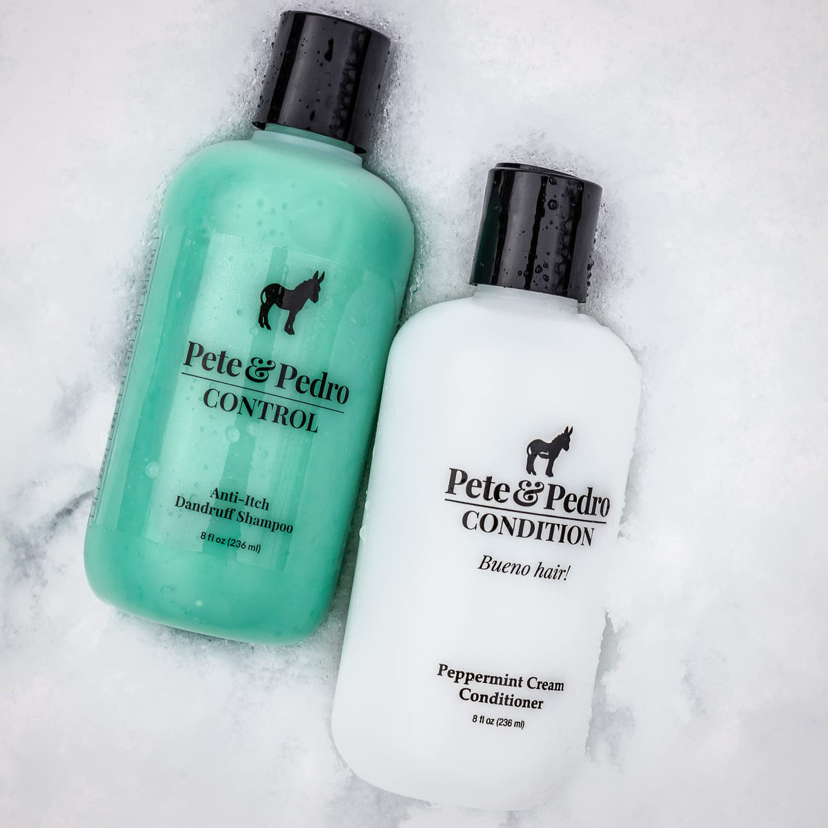 Pete & Pedro peppermint oil bottle signals cooling scalp sensation.