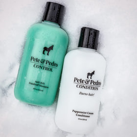 Pete & Pedro peppermint oil bottle signals cooling scalp sensation.