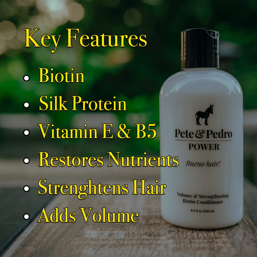 Pete & Pedro Power Conditioner bottle pour demonstrates easy daily application for hair