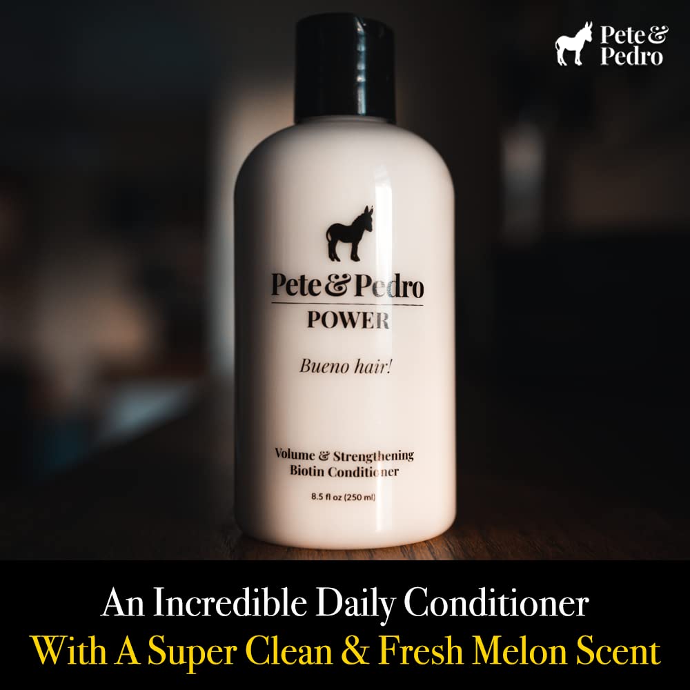 Pete & Pedro Power Conditioner label closeup highlights biotin and silk proteins for strength