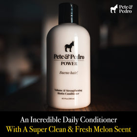 Pete & Pedro Power Conditioner label closeup highlights biotin and silk proteins for strength