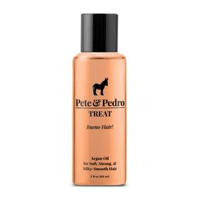 Pete & Pedro TREAT argan oil bottle shows hydrating for silky, frizz-free hair
