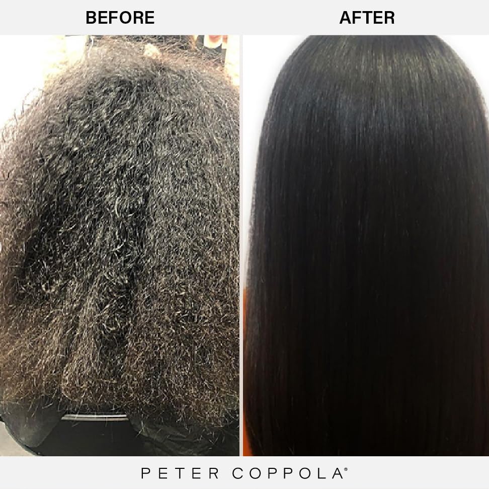 Close-up of smooth, glossy hair after PETER COPPOLA a-Keratin treatment.