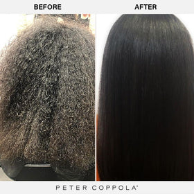 Close-up of smooth, glossy hair after PETER COPPOLA a-Keratin treatment.