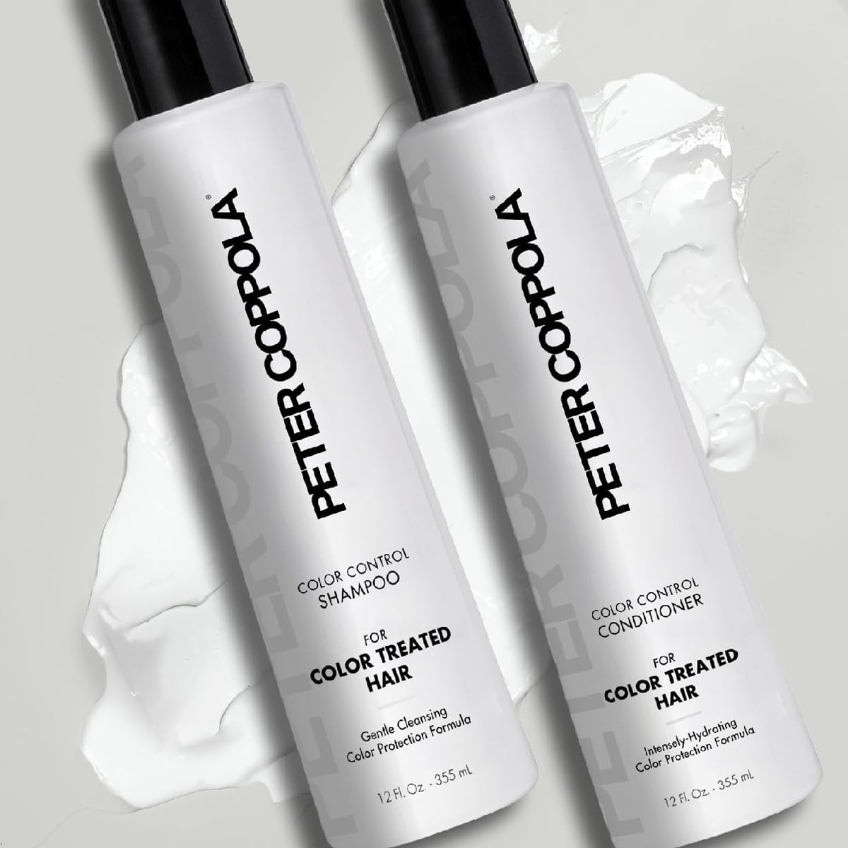 Peter Coppola Color Control bottle shows vibrant shine on treated hair.