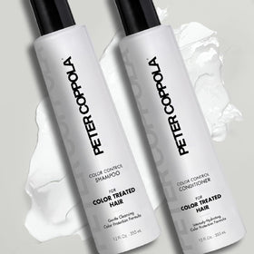 Peter Coppola Color Control bottle shows vibrant shine on treated hair.