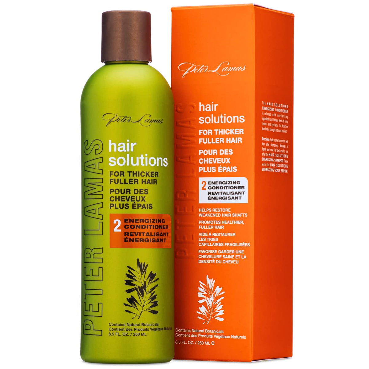 Peter Lamas Hair Solutions energizing conditioner bottle shows rich botanical formula for scalp care