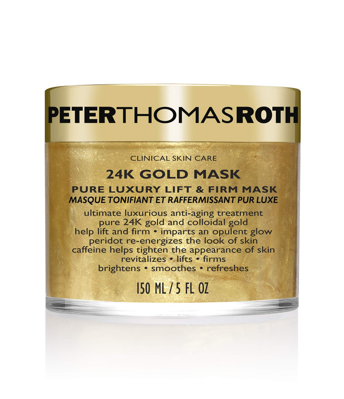 Peter Thomas Roth 24K Gold Mask close-up jar promoting radiant, firmer-looking skin.