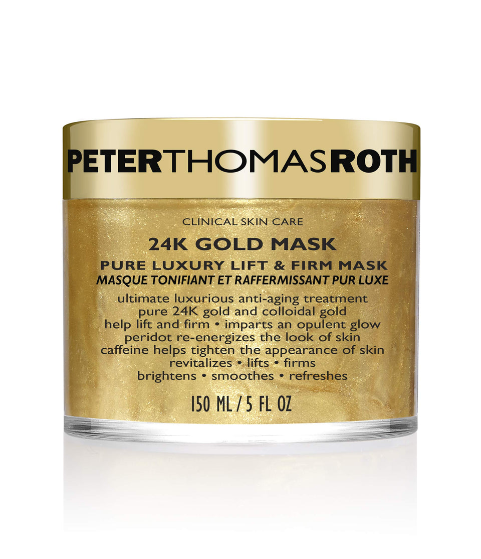 Peter Thomas Roth 24K Gold Mask close-up jar promoting radiant, firmer-looking skin.