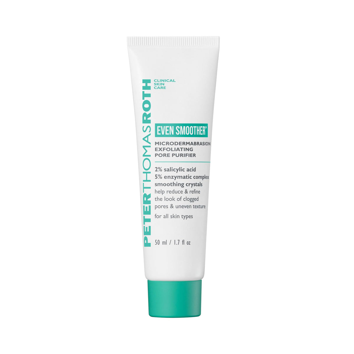 Peter Thomas Roth Even Smoother bottle close-up highlighting triple-action exfoliation for refined pores.