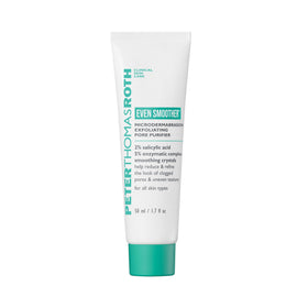 Peter Thomas Roth Even Smoother bottle close-up highlighting triple-action exfoliation for refined pores.