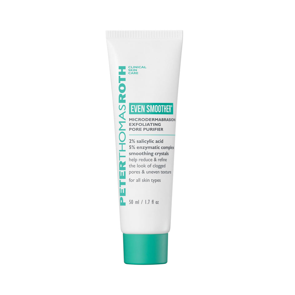 Peter Thomas Roth Even Smoother bottle close-up highlighting triple-action exfoliation for refined pores.