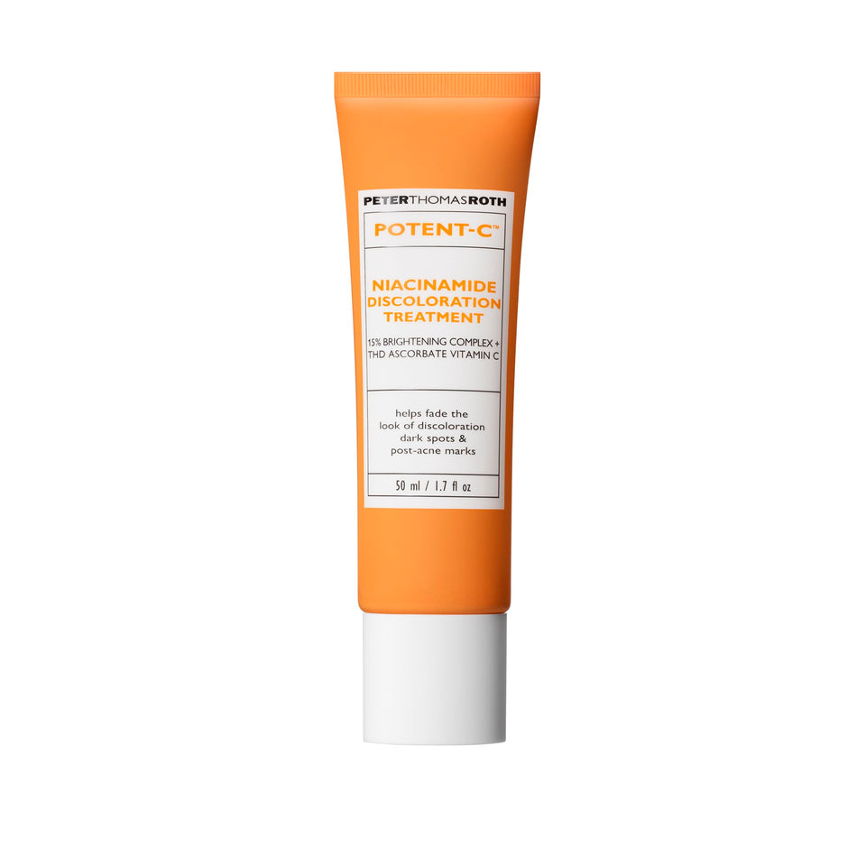 Peter Thomas Roth Potent-C Niacinamide Discoloration Treatment bottle highlights brightening potential for uneven skin tone