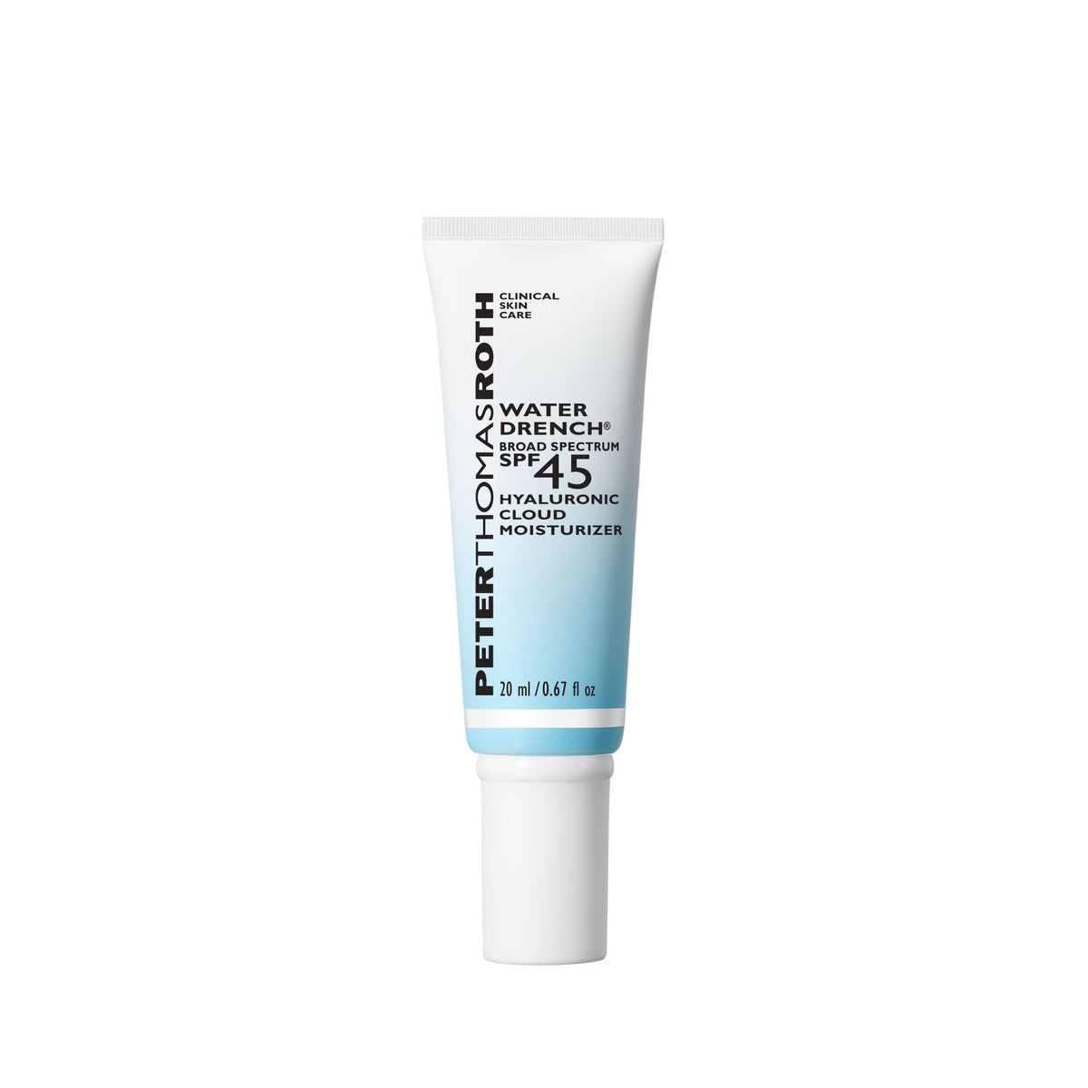 Peter Thomas Roth Water Drench bottle front view showing invisible, weightless SPF 45 protection.