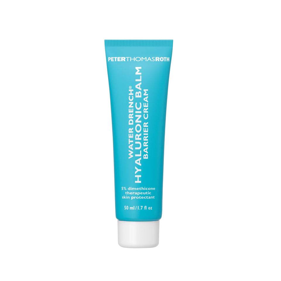 Peter Thomas Roth Water Drench Hyaluronic Balm jar demonstrates a hydrating barrier cream for dry, sensitive skin.