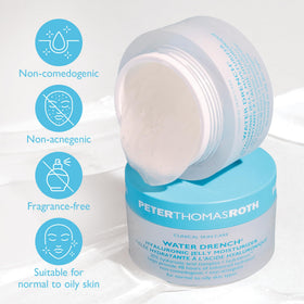 Peter Thomas Roth Water Drench label highlights fragrance-free, non-comedogenic formula