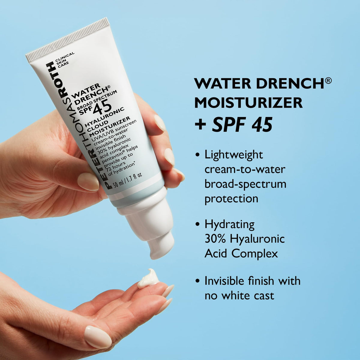 Peter Thomas Roth SPF 45 application demonstrates weightless finish.