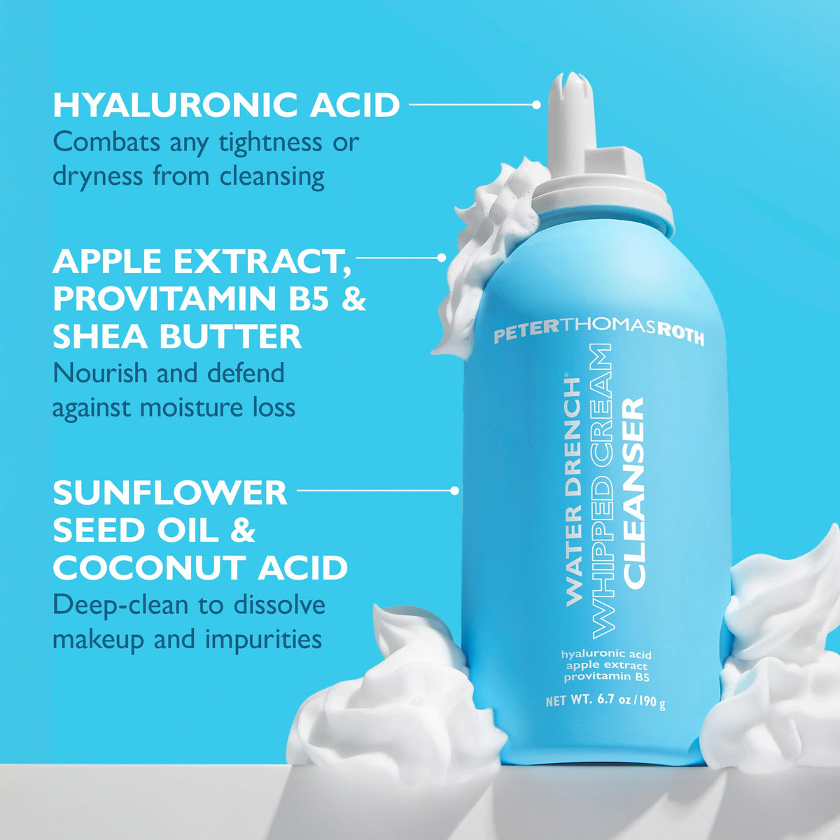 Peter Thomas Roth Water Drench Whipped Cream Cleanser with sunflower seed oil for thorough, gentle cleansing.