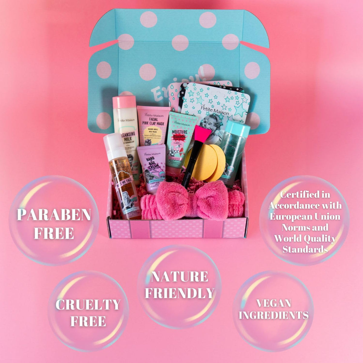 Petite Maison daily skincare routine setup showing variety of products.