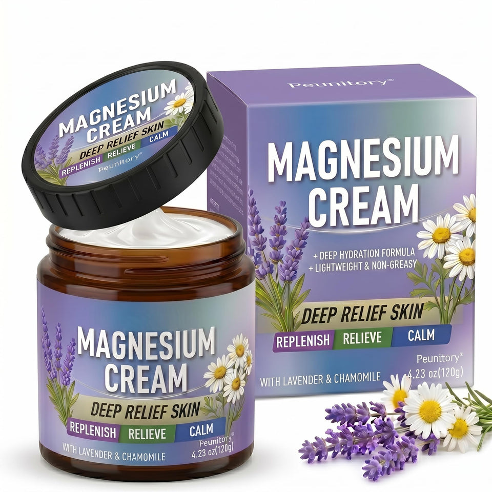 Peunitory Magnesium Cream bottle with lavender for restful sleep and muscle comfort