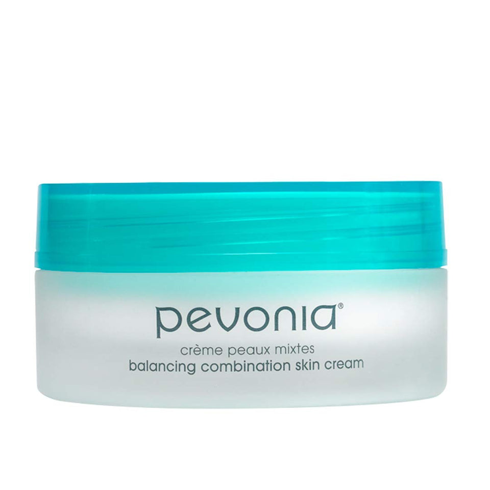Pevonia Balancing Cream bottle for daily use, balances T-zone oil and hydrates dry areas.