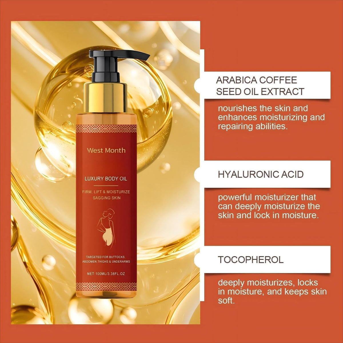 pewatul Body Firming Oil pour shows quick absorption for a non-greasy finish.