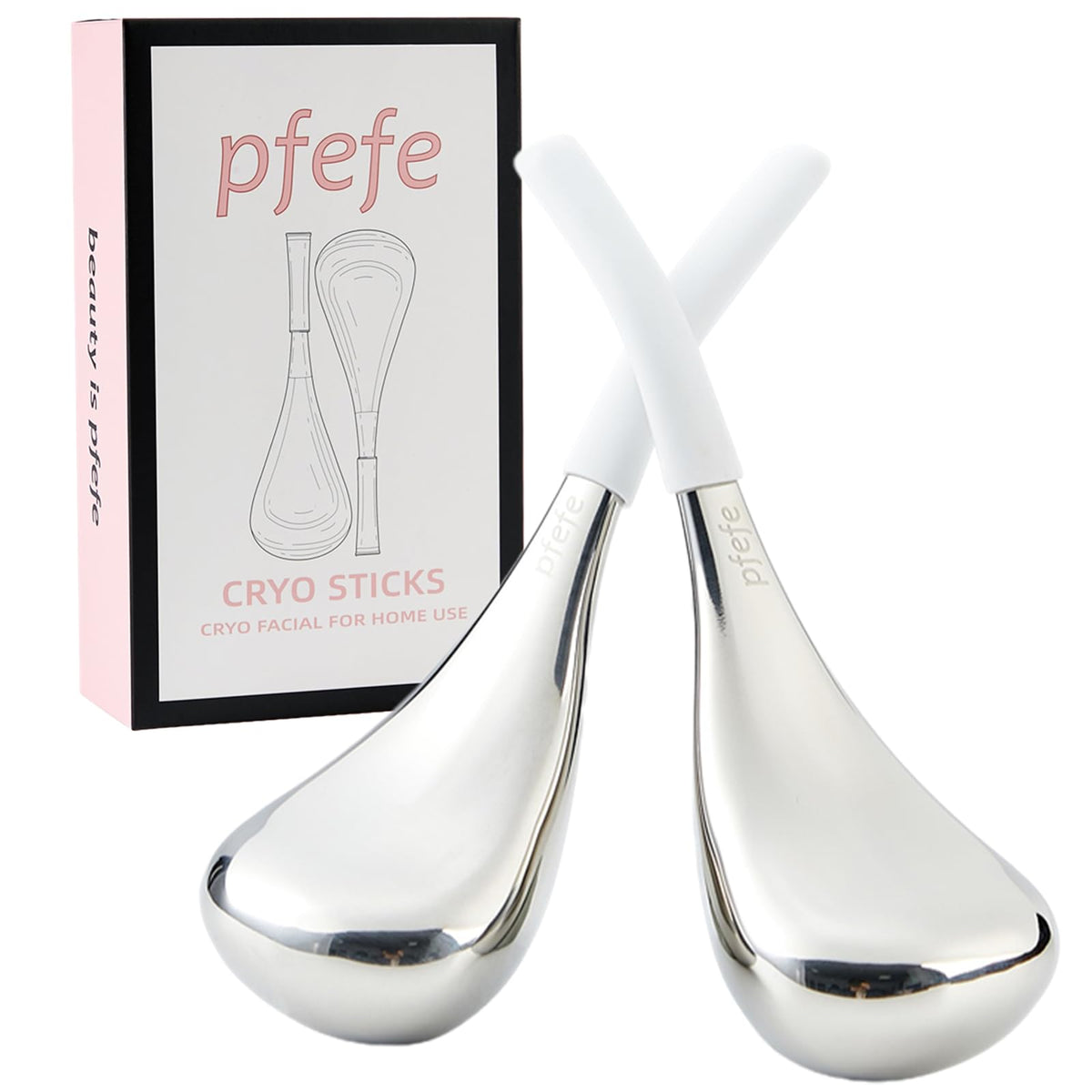 pfefe Cryo Sticks face globes close-up, durable stainless steel cooling for a refreshing at-home facial