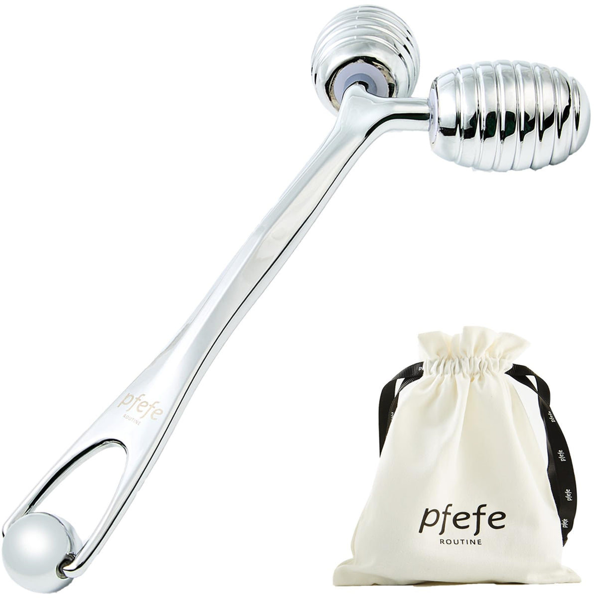 Pfefe facial roller front rollers for contouring and enhanced product absorption.