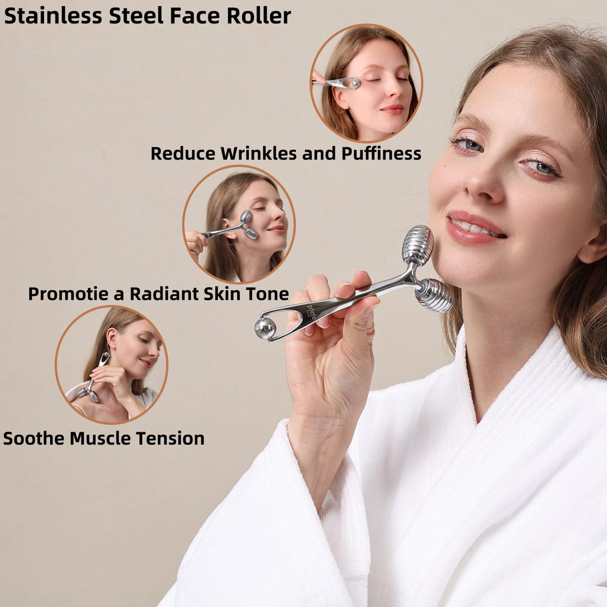 Pfefe facial roller in stainless steel construction for durable use.