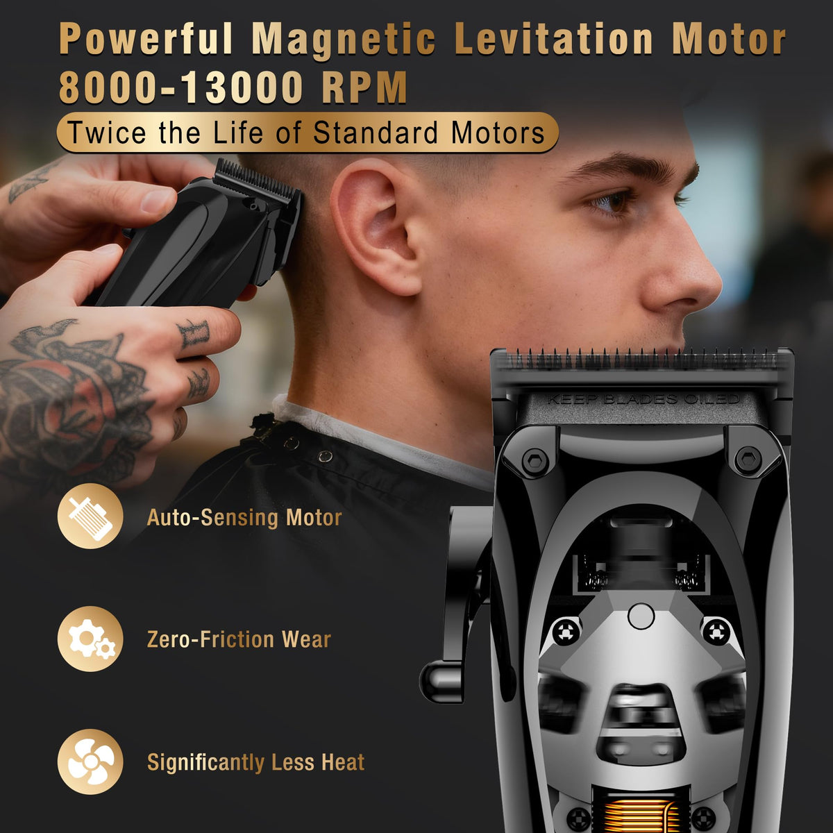 Phantom DLC blades clipper detail highlights sharp, smooth cutting with reduced pulling.