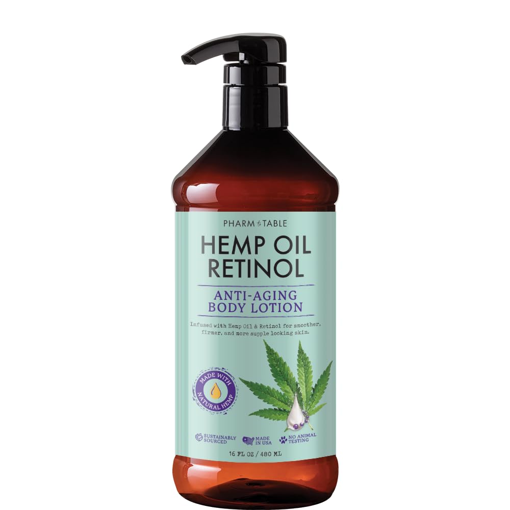 PHARM TO TABLE hemp oil retinol lotion bottle provides deep hydration and anti-aging support