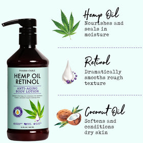 PHARM TO TABLE hemp oil retinol lotion cream texture close-up highlights smooth, quick absorption