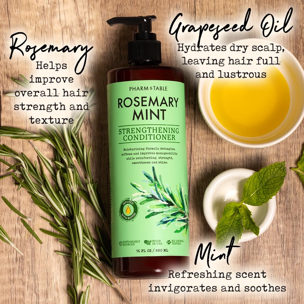 PHARM TO TABLE Rosemary & Mint conditioner label closeup showing biotin enrichment.