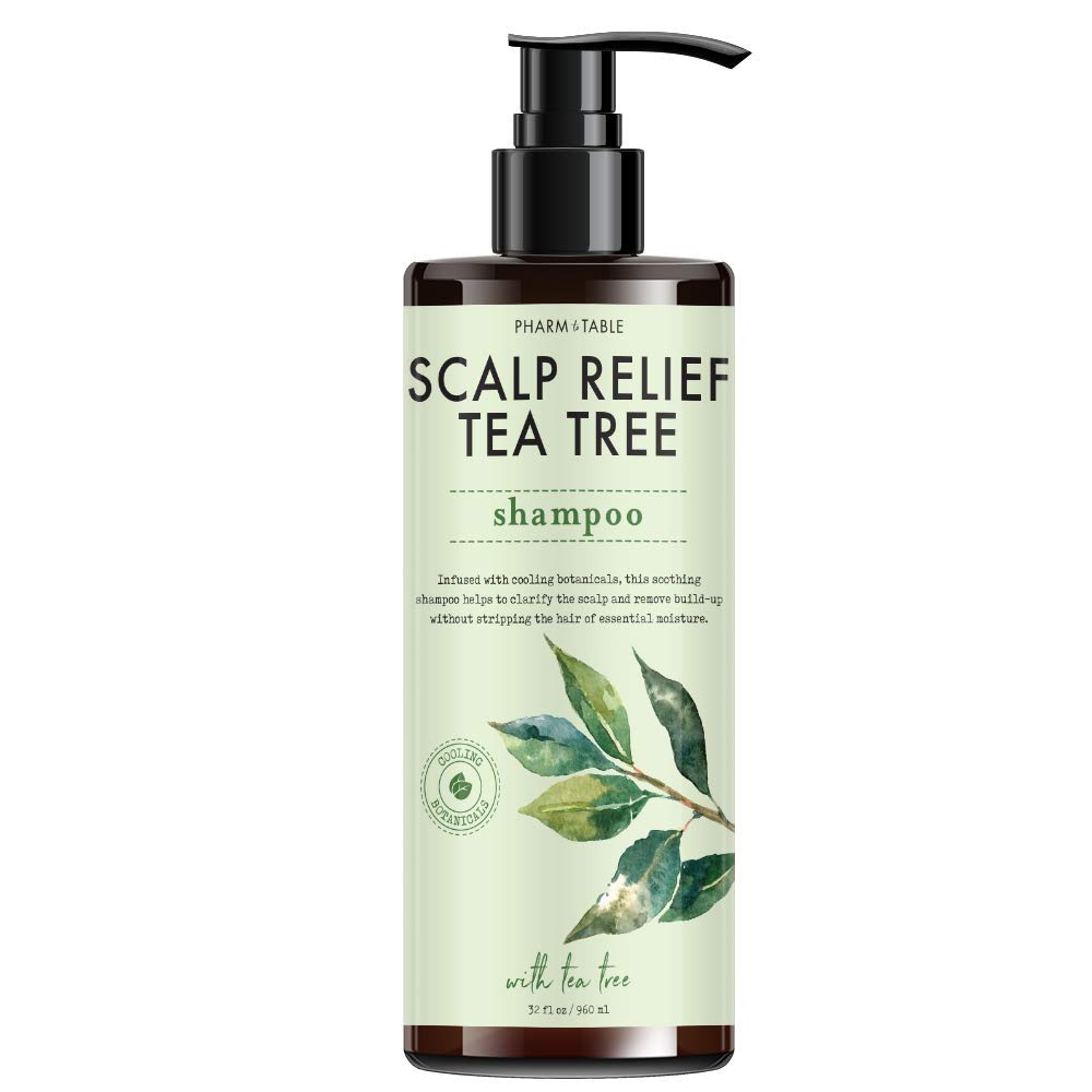 PHARM TO TABLE Scalp Relief Tea Tree Shampoo bottle pour demonstrates easy application for daily use.