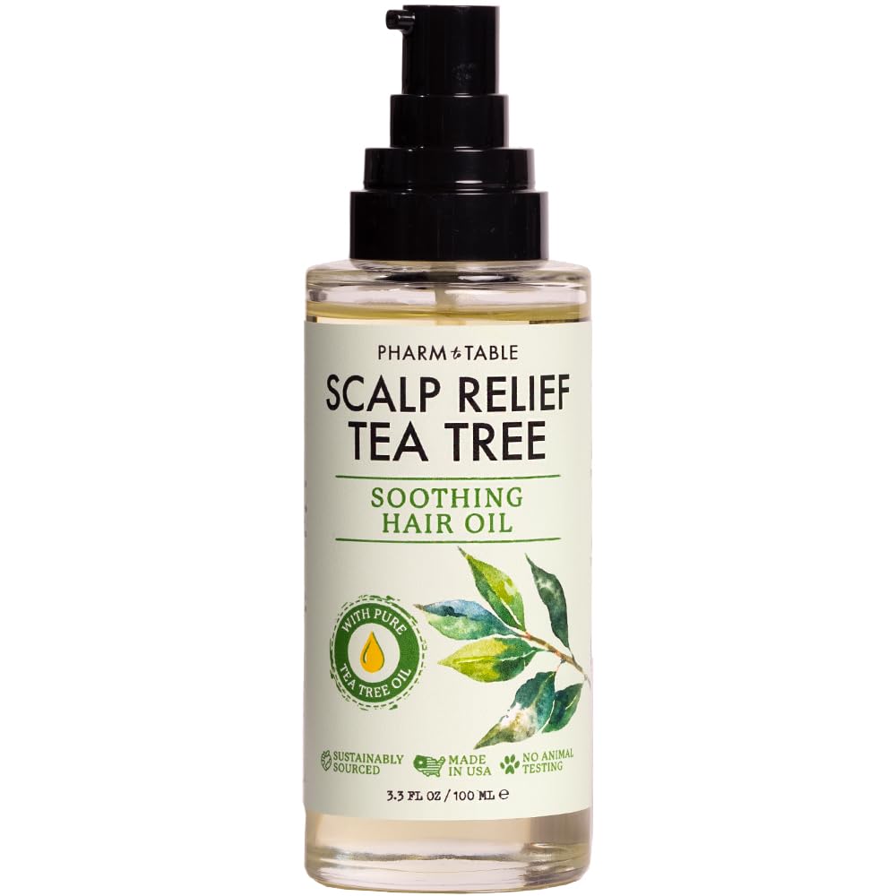 PHARM TO TABLE Tea Tree Hair Oil bottle ready for use, soothing scalp support.