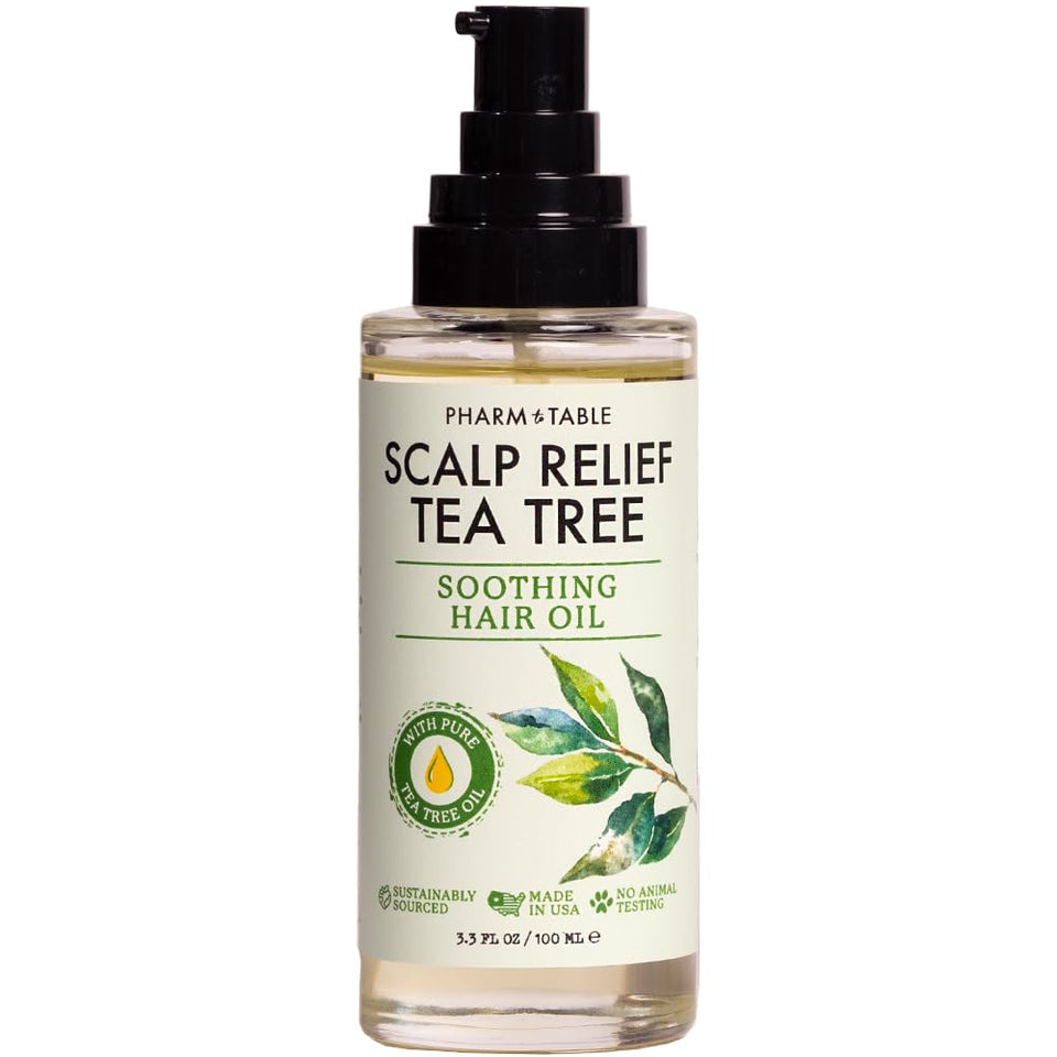 PHARM TO TABLE Tea Tree Hair Oil bottle ready for use, soothing scalp support.