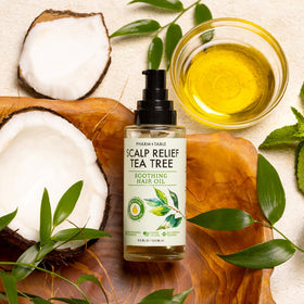 PHARM TO TABLE Tea Tree Hair Oil features Tea Tree with mint and jojoba.