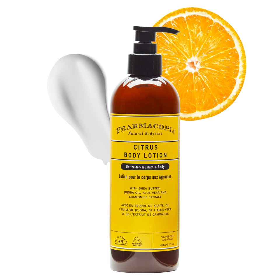 Pharmacopia Citrus Body Lotion bottle front shows vegan hydration