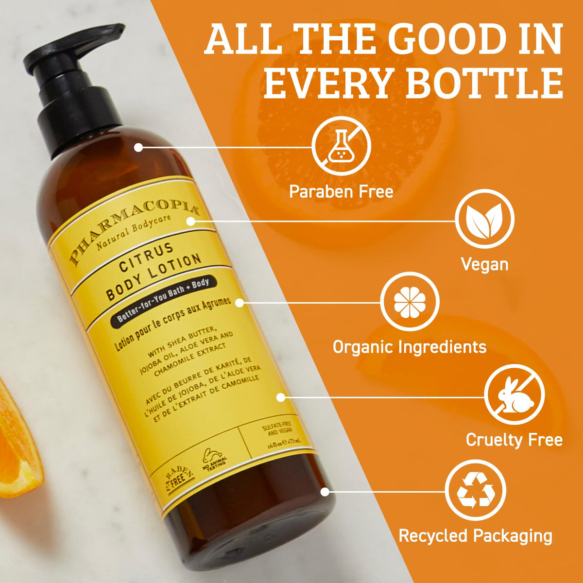 Pharmacopia Citrus Body Lotion label indicates cruelty-free vegan formula
