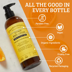 Pharmacopia Citrus Body Lotion label indicates cruelty-free vegan formula