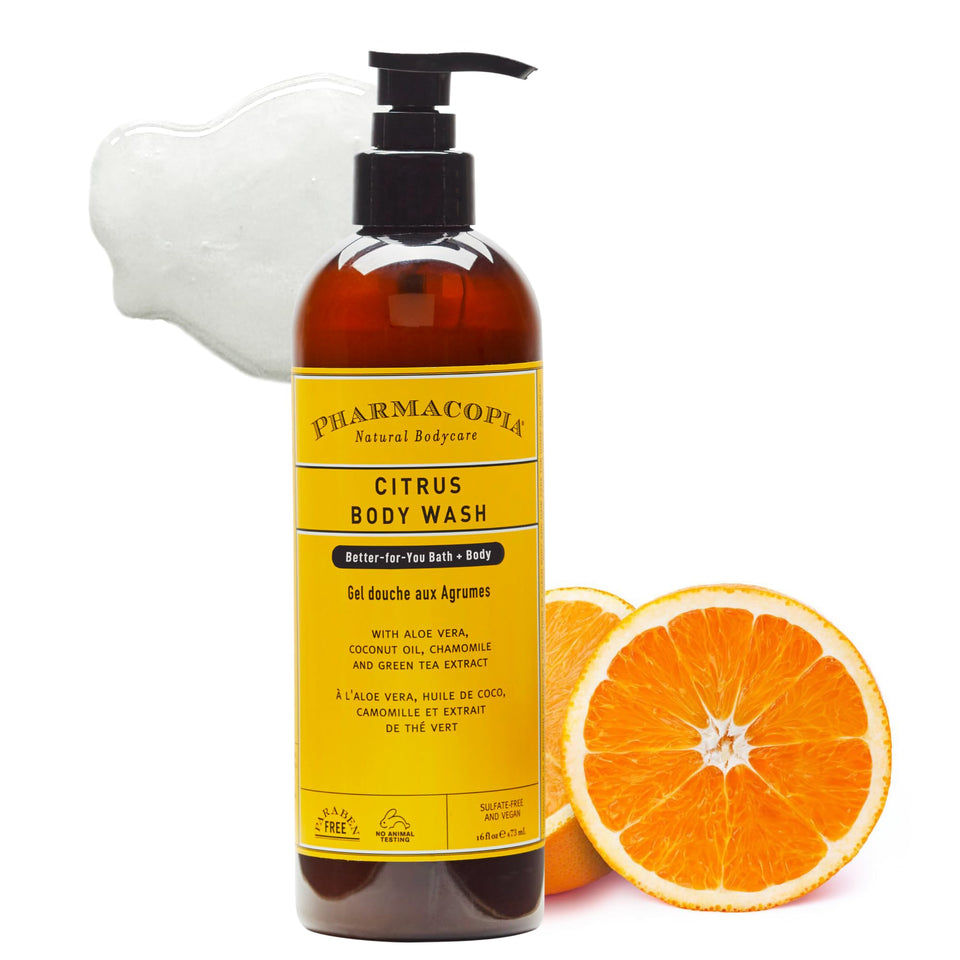 Pharmacopia Citrus Body Wash bottle with refreshing citrus scent for daily cleansing.